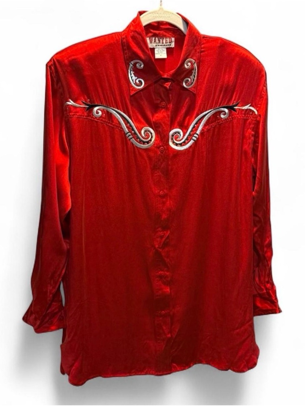 Wanted Red Satin Western-Style Button Down Shirt with Silver Embroidery